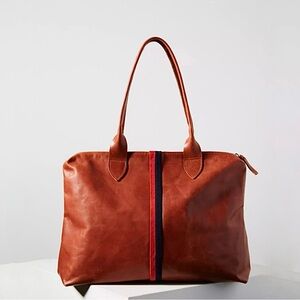 Clare V Brown Leather Tote with Red Stripe